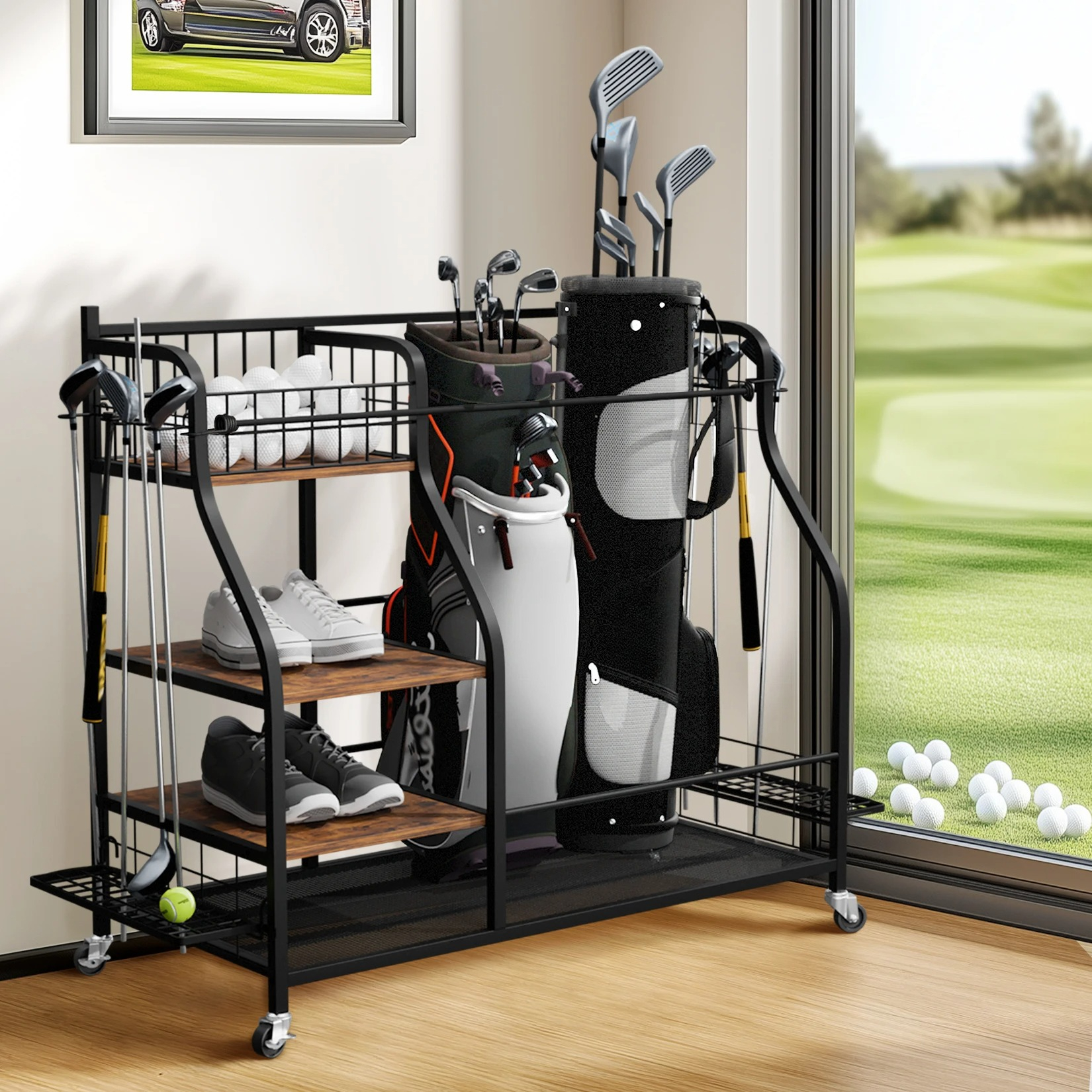 Sports Equipment Organizer - Multifunctional Rolling Golf Bags Storage Shelf